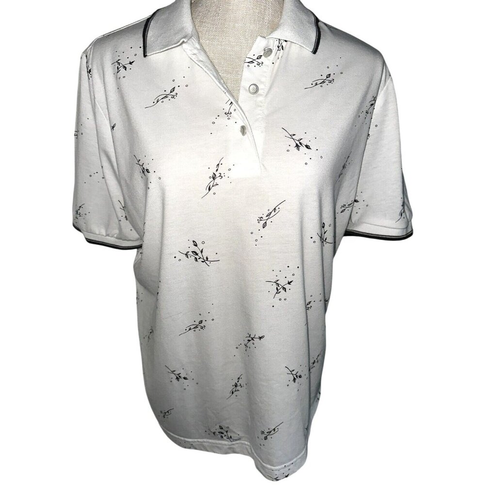 Lilys Of Beverly Hills White Polo Shirt With Delicate Black Floral Print Womens
